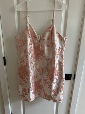 wild fable Pink Satin Slip Dress with Gold Floral Embroidery